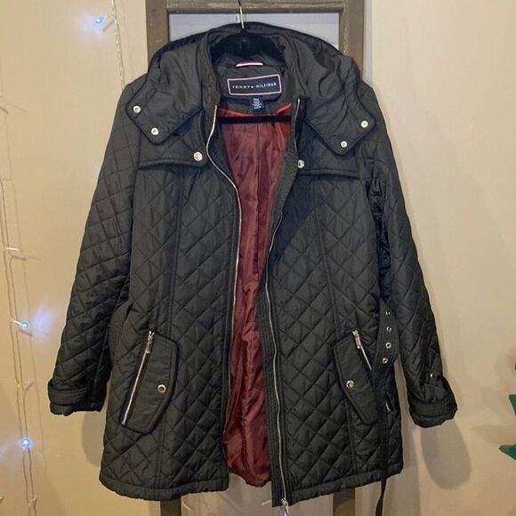 Tommy Hilfiger Women's Quilted Jacket Black w/ Tie Waist Belt EUC Size L - Picture 1 of 13